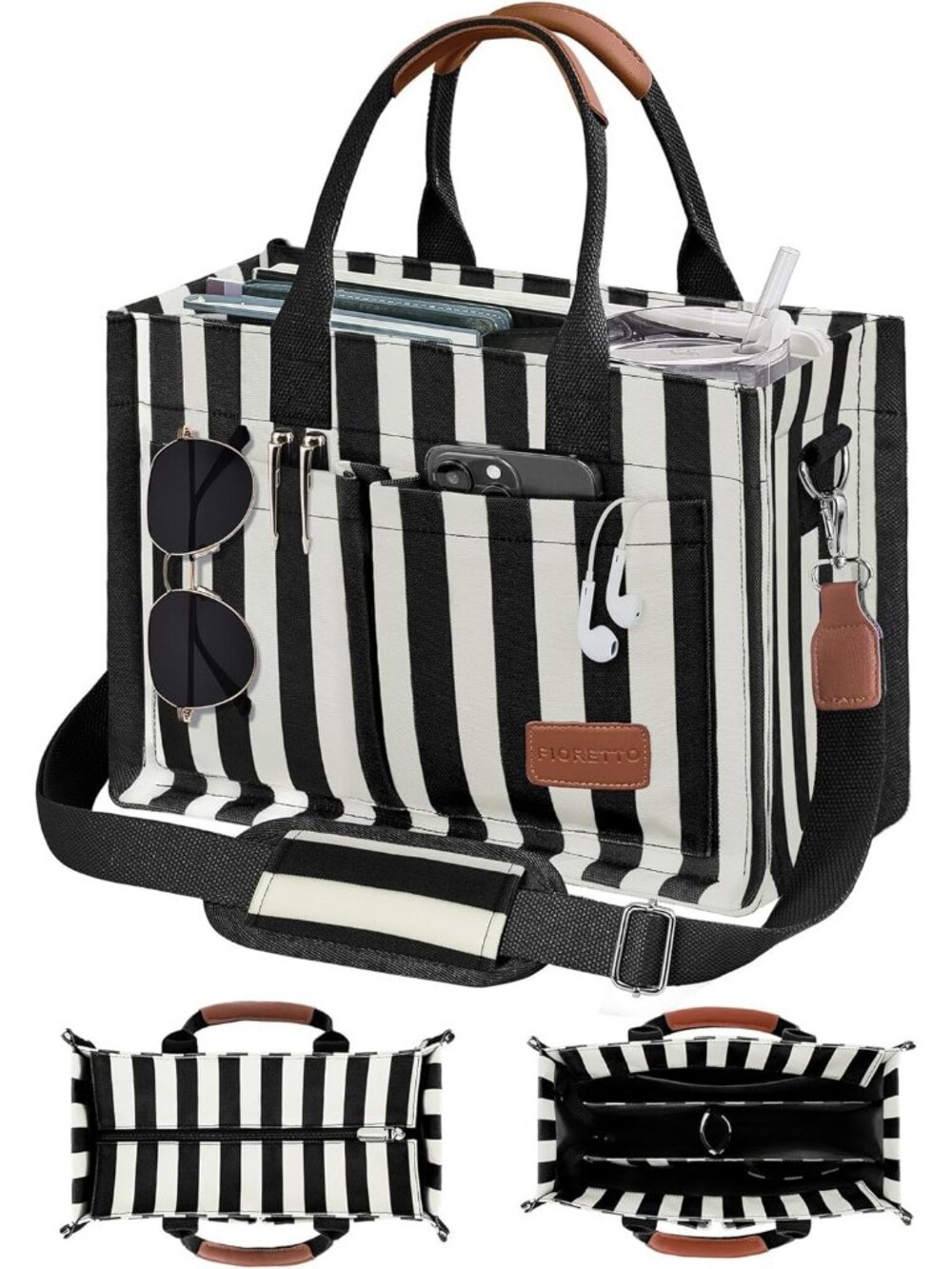 FIORETTO Canvas Women's Stripe Black Tote Zipper Closure Compartment Pocket Bag